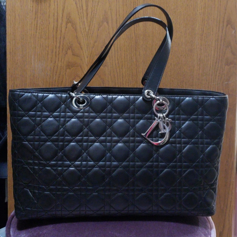 Auth Lady Dior  Canage lamb leather Medium tote